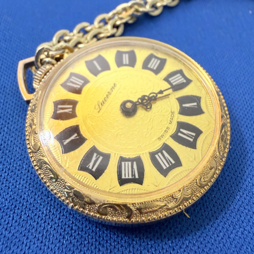 Vintage‎ Lucerne Pendant Watch Gold Tone Swiss Made Roman Numeral Necklace Chain - Picture 2 of 11